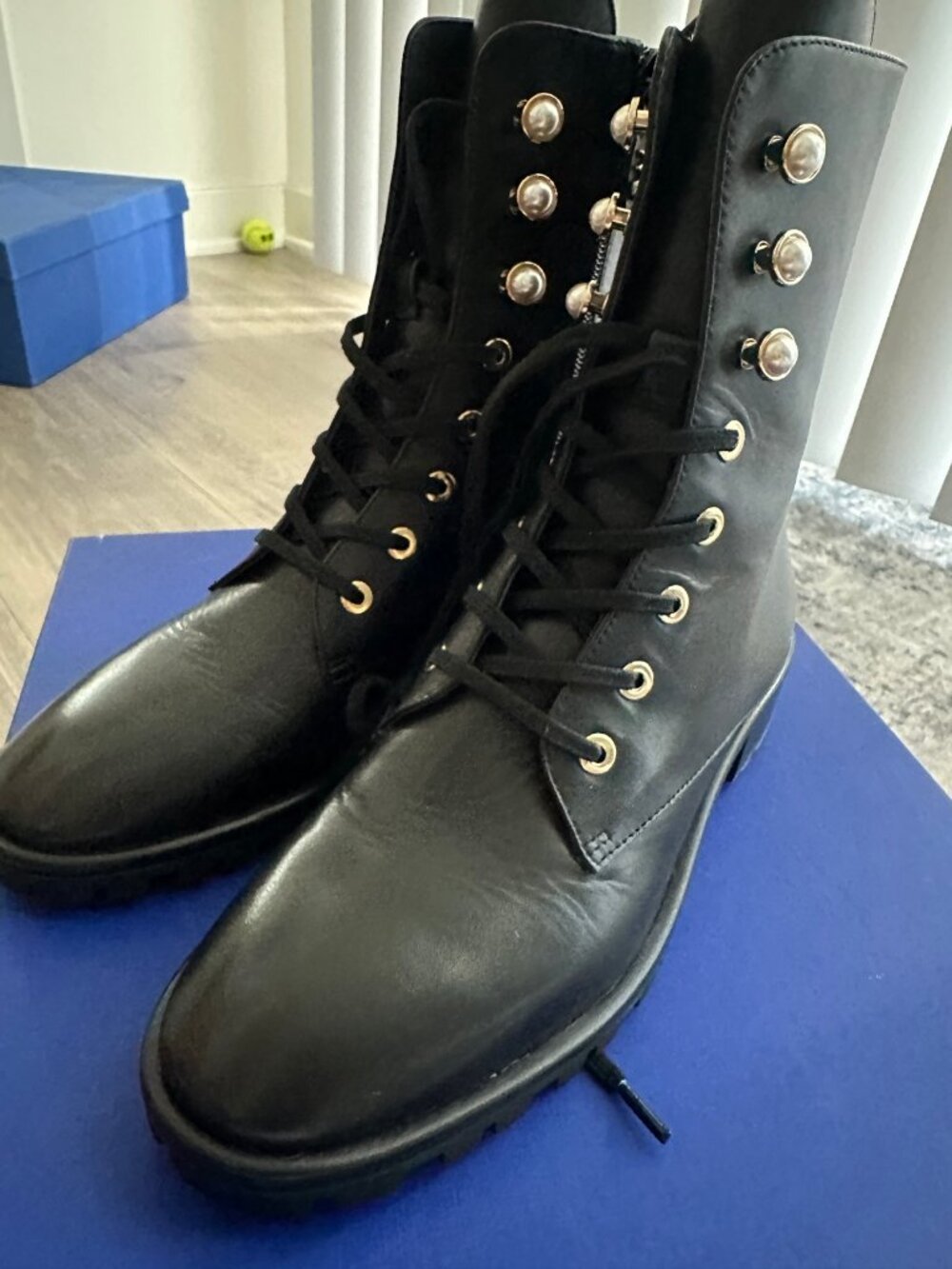 NEW Stuart Weitzman Laine Pearl Combat Boots 6 | Black Leather | $695 Retail